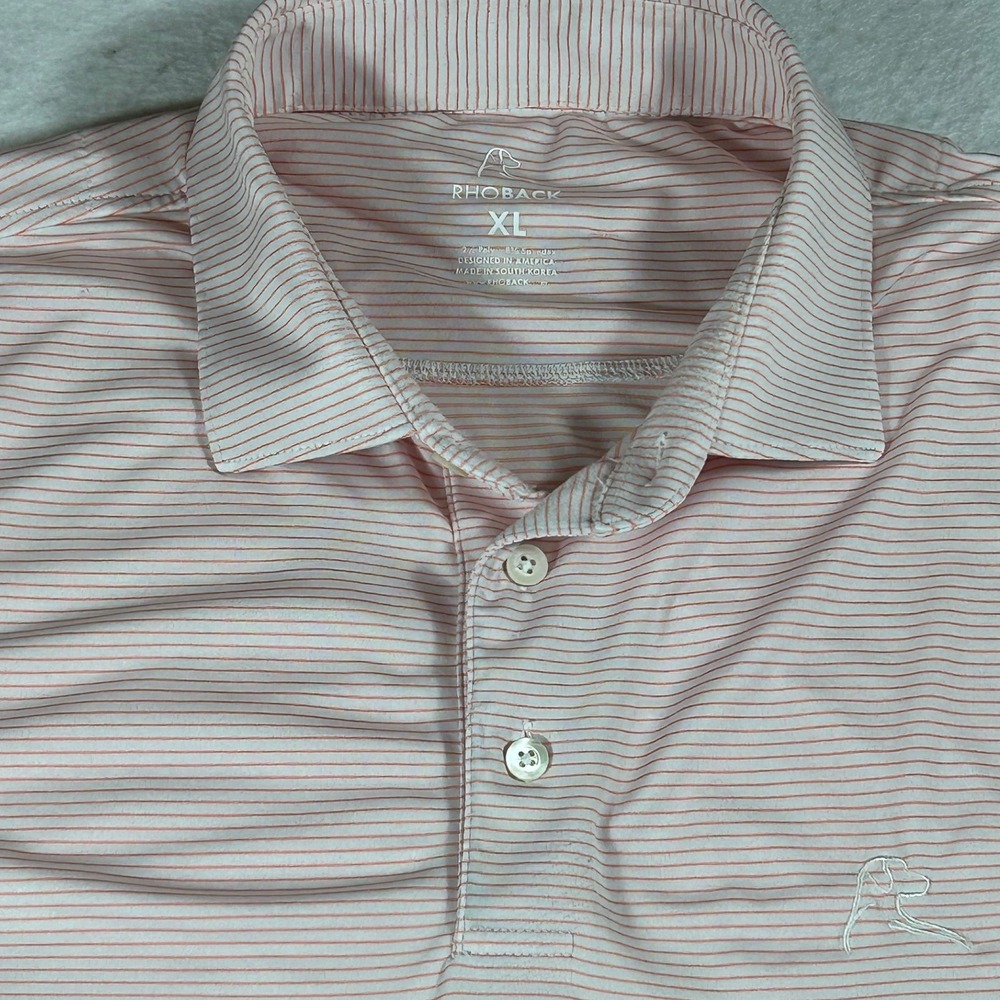 Rhoback Polo Shirt Mens XL Coral White Striped Golf Performance Stretch